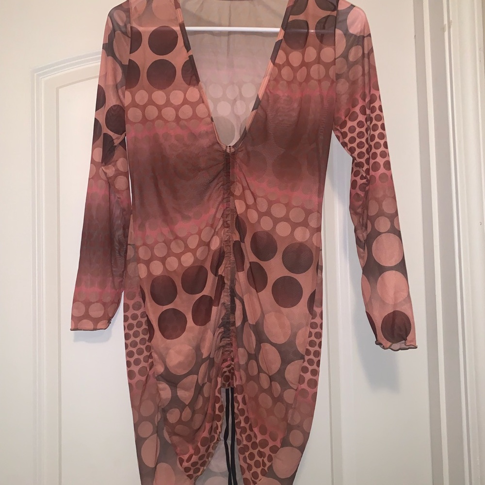 Sheer Ruched Polka Dot Swimsuit Coverup
